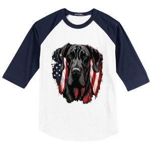 USA 4th Of July Great Dane On Patriotic American Great Dane Baseball Sleeve Shirt