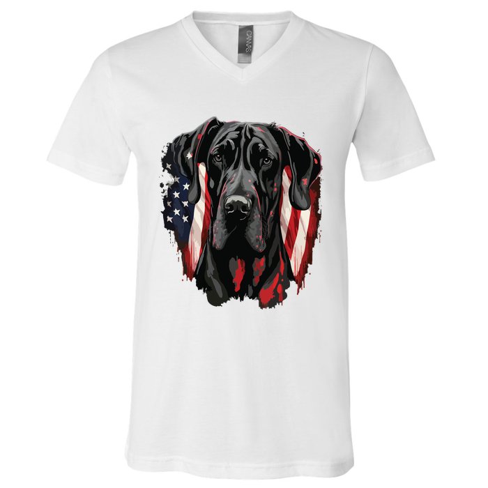 USA 4th Of July Great Dane On Patriotic American Great Dane V-Neck T-Shirt