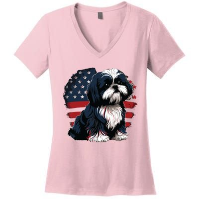 USA 4th Of July Shih Tzu On Patriotic American Shih Tzu Women's V-Neck T-Shirt