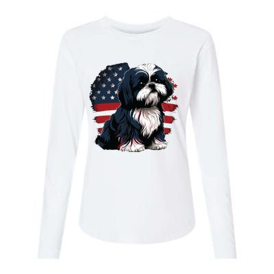 USA 4th Of July Shih Tzu On Patriotic American Shih Tzu Womens Cotton Relaxed Long Sleeve T-Shirt