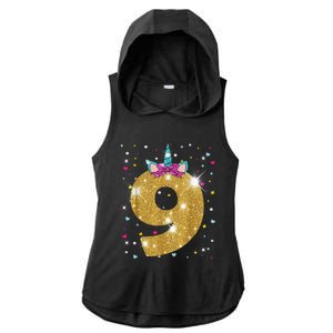 Unicorn 9th Birthday Girl Nine 9 Years Old Ladies PosiCharge Tri-Blend Wicking Draft Hoodie Tank