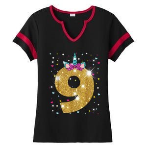 Unicorn 9th Birthday Girl Nine 9 Years Old Ladies Halftime Notch Neck Tee