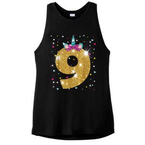 Unicorn 9th Birthday Girl Nine 9 Years Old Ladies PosiCharge Tri-Blend Wicking Tank