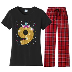 Unicorn 9th Birthday Girl Nine 9 Years Old Women's Flannel Pajama Set