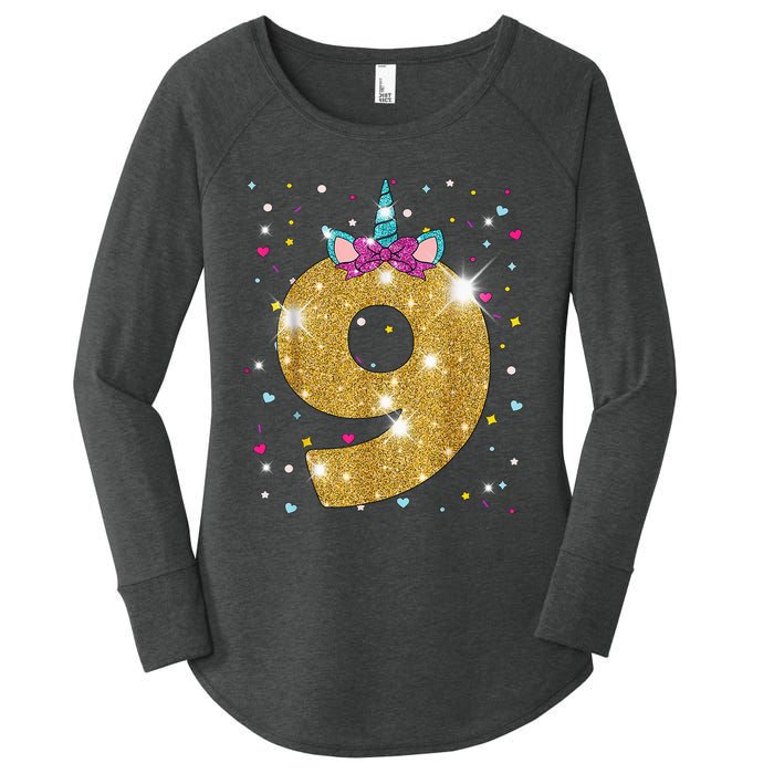 Unicorn 9th Birthday Girl Nine 9 Years Old Women's Perfect Tri Tunic Long Sleeve Shirt