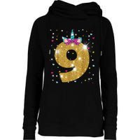 Unicorn 9th Birthday Girl Nine 9 Years Old Womens Funnel Neck Pullover Hood