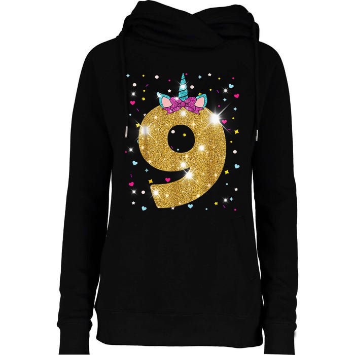 Unicorn 9th Birthday Girl Nine 9 Years Old Womens Funnel Neck Pullover Hood