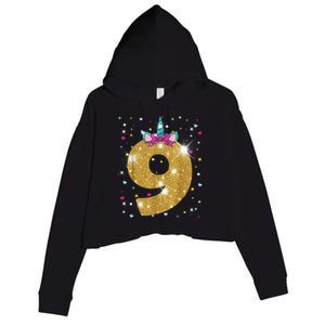 Unicorn 9th Birthday Girl Nine 9 Years Old Crop Fleece Hoodie