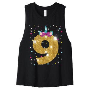 Unicorn 9th Birthday Girl Nine 9 Years Old Women's Racerback Cropped Tank