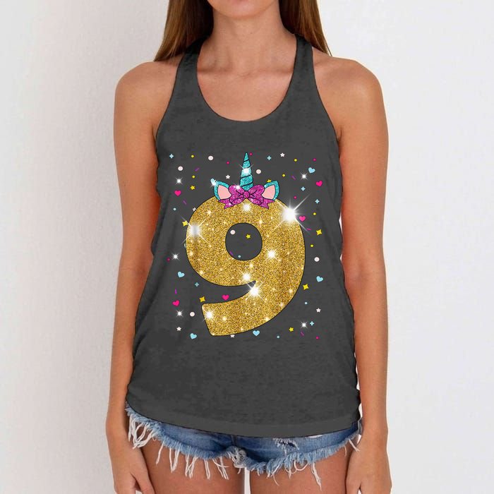 Unicorn 9th Birthday Girl Nine 9 Years Old Women's Knotted Racerback Tank