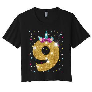 Unicorn 9th Birthday Girl Nine 9 Years Old Women's Crop Top Tee