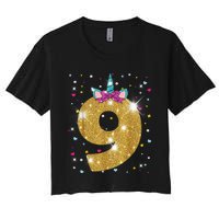 Unicorn 9th Birthday Girl Nine 9 Years Old Women's Crop Top Tee