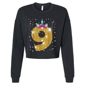 Unicorn 9th Birthday Girl Nine 9 Years Old Cropped Pullover Crew