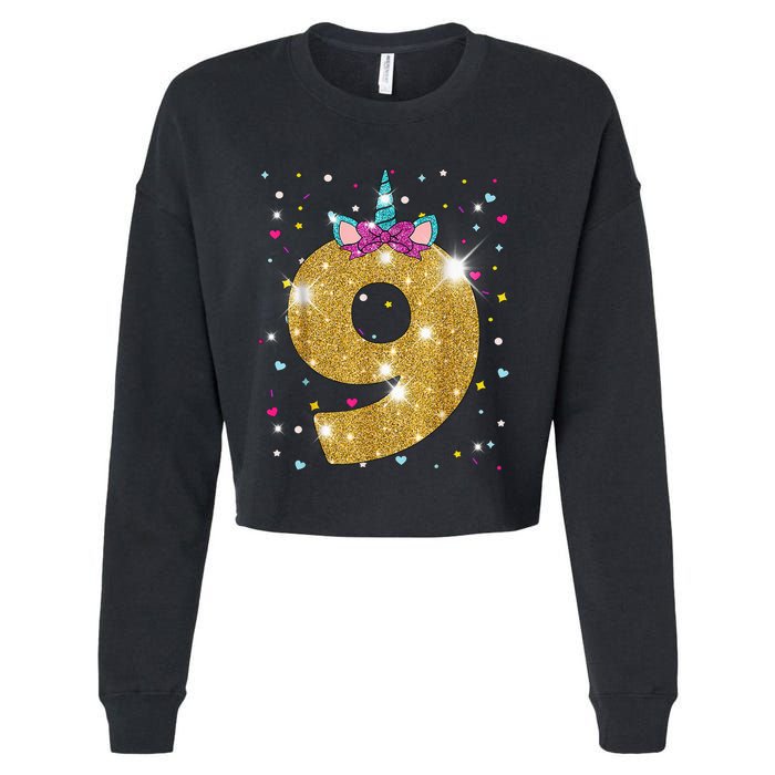 Unicorn 9th Birthday Girl Nine 9 Years Old Cropped Pullover Crew