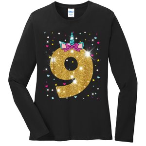 Unicorn 9th Birthday Girl Nine 9 Years Old Ladies Long Sleeve Shirt