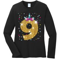 Unicorn 9th Birthday Girl Nine 9 Years Old Ladies Long Sleeve Shirt