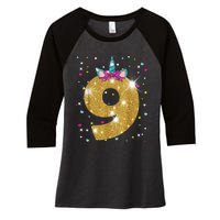 Unicorn 9th Birthday Girl Nine 9 Years Old Women's Tri-Blend 3/4-Sleeve Raglan Shirt