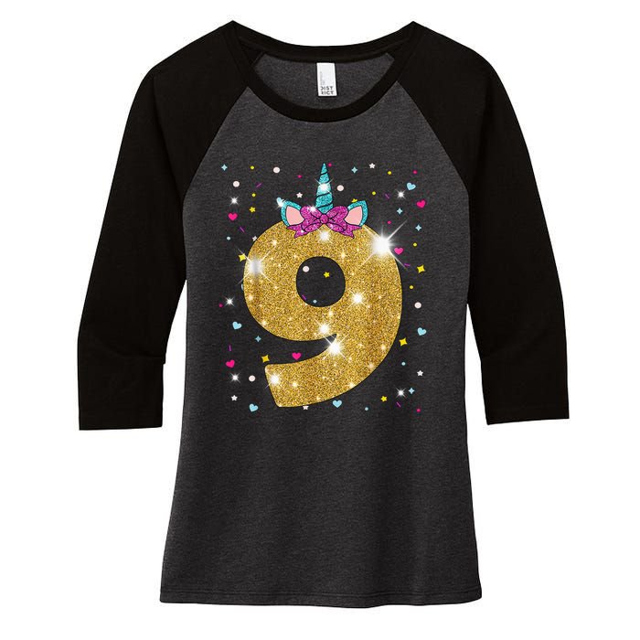 Unicorn 9th Birthday Girl Nine 9 Years Old Women's Tri-Blend 3/4-Sleeve Raglan Shirt