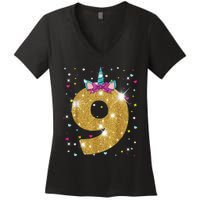 Unicorn 9th Birthday Girl Nine 9 Years Old Women's V-Neck T-Shirt