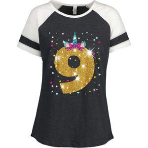 Unicorn 9th Birthday Girl Nine 9 Years Old Enza Ladies Jersey Colorblock Tee