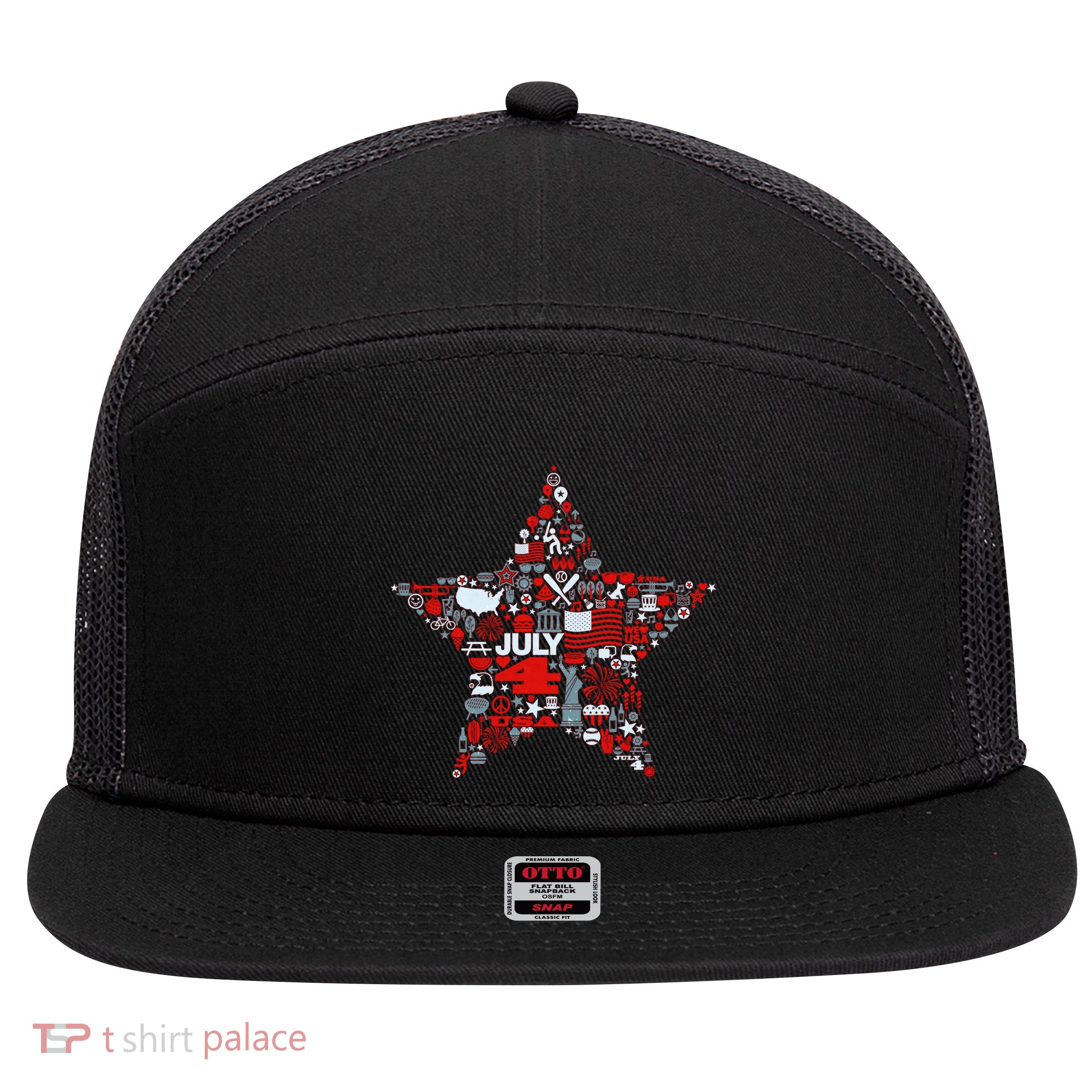 USA American 4th Of July Pattern Star 7 Panel Mesh Trucker Snapback Hat