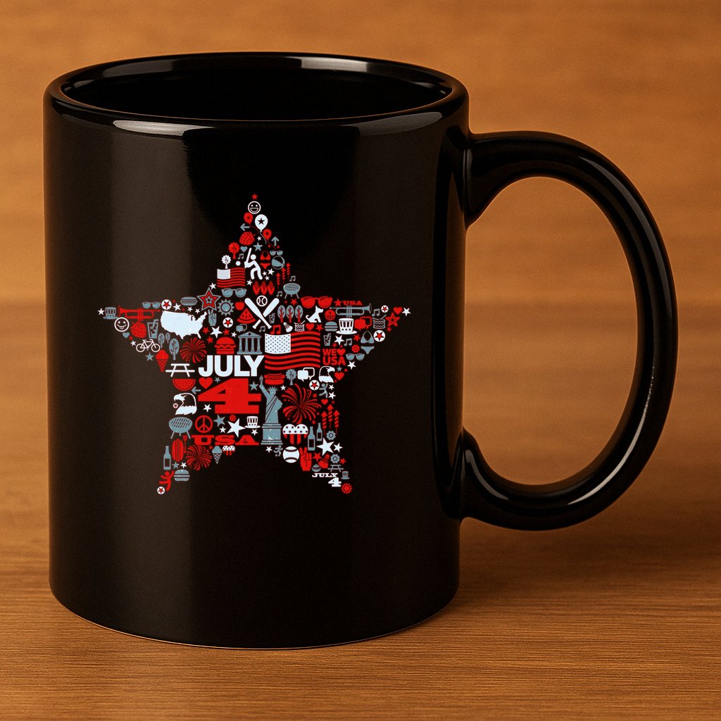 USA American 4th Of July Pattern Star 11oz C Handle Ceramic Mug