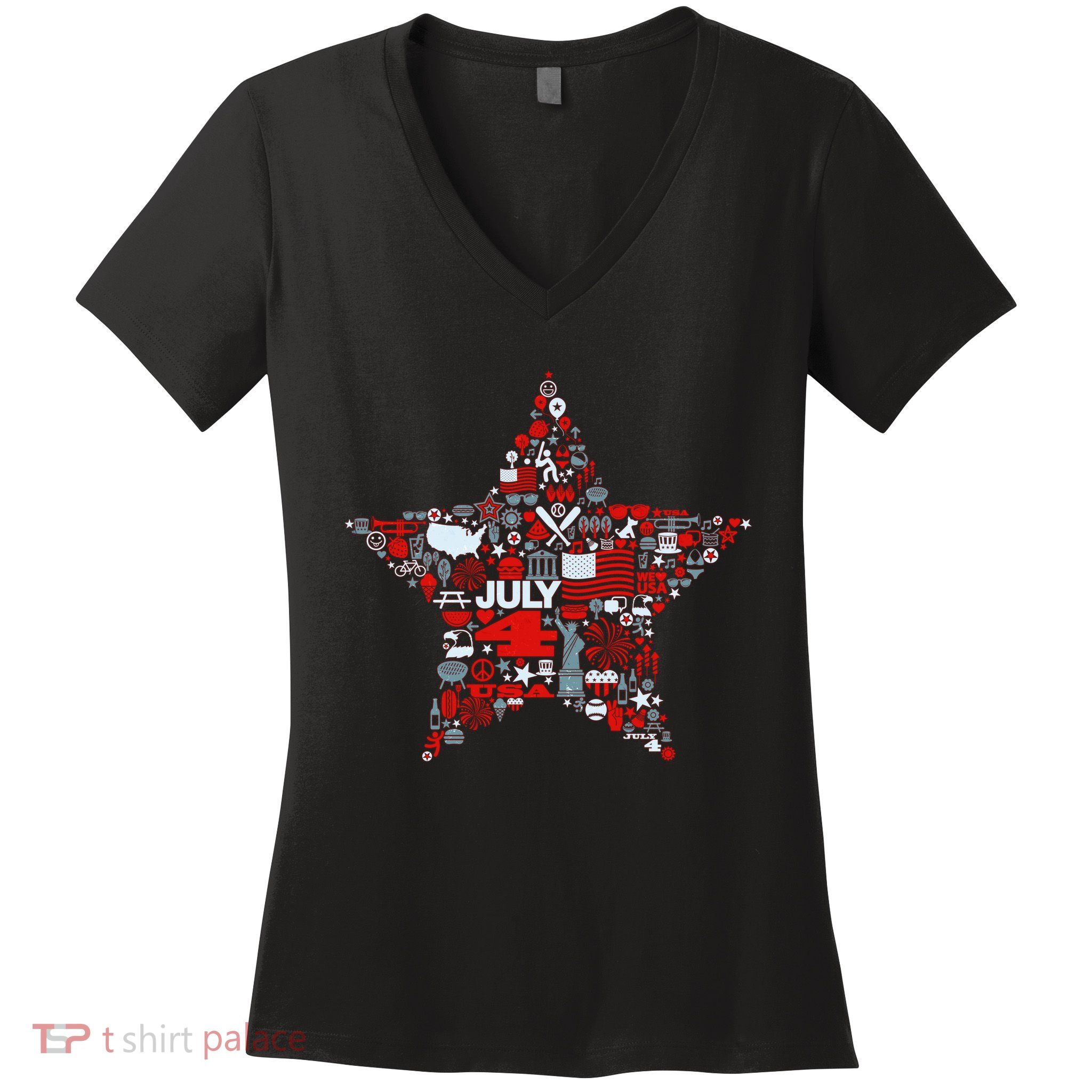 USA American 4th Of July Pattern Star Women's V-Neck T-Shirt