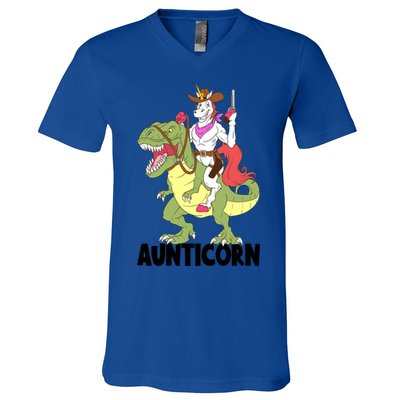 Unicorn Aunt Aunticorn Riding Dinosaur Trex Cow Sheriff Funny Gift V-Neck T-Shirt