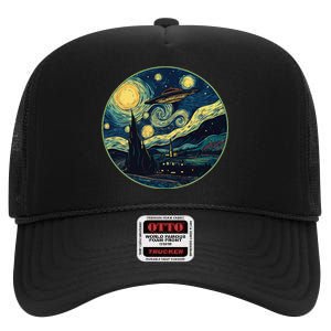 Ufo Aliens And Bigfoot Impressionist Style Novelty Uap High Crown Mesh Back Trucker Hat