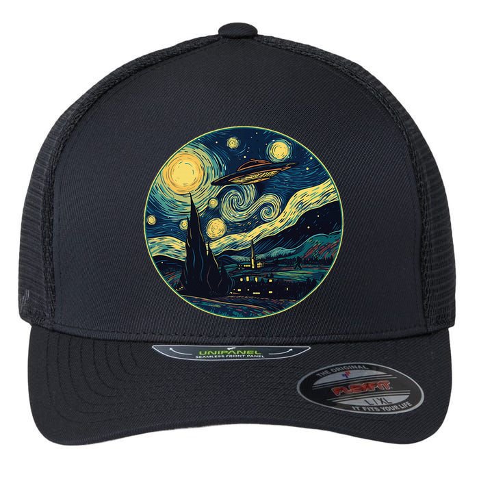 Ufo Aliens And Bigfoot Impressionist Style Novelty Uap Flexfit Unipanel Trucker Cap