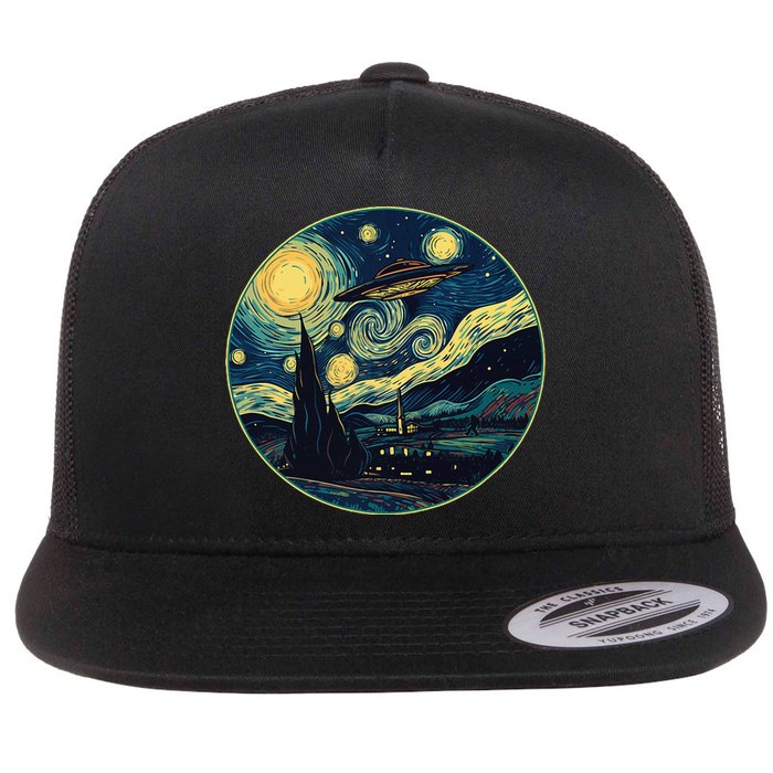 Ufo Aliens And Bigfoot Impressionist Style Novelty Uap Flat Bill Trucker Hat