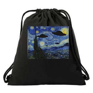 Ufo Alien Abduction Starry Night Van Gogh Painting Drawstring Bag