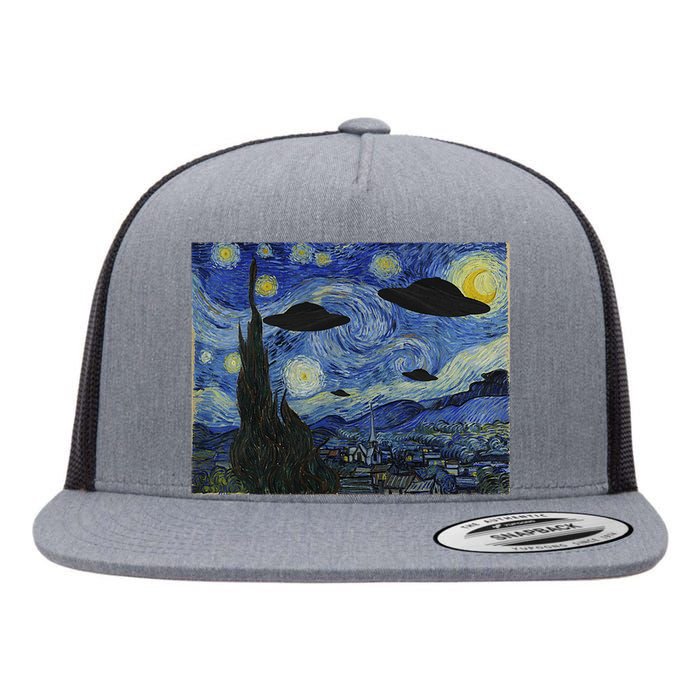 Ufo Alien Abduction Starry Night Van Gogh Painting Flat Bill Trucker Hat