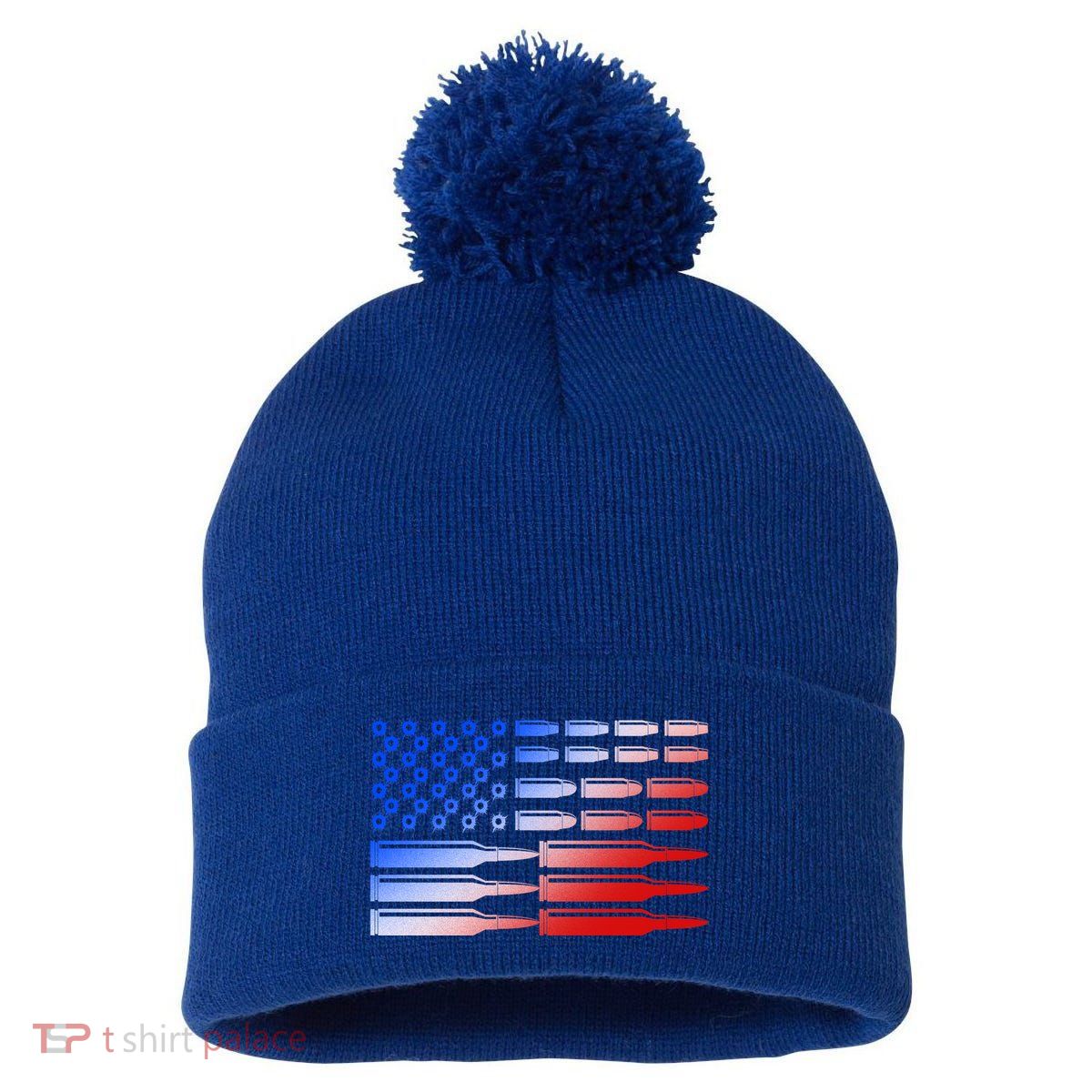 USA American Bullet Flag Pom Pom 12in Knit Beanie