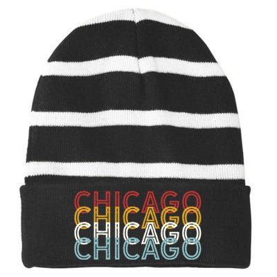 Us American City 70S Retro Usa Vintage Chicago Striped Beanie with Solid Band