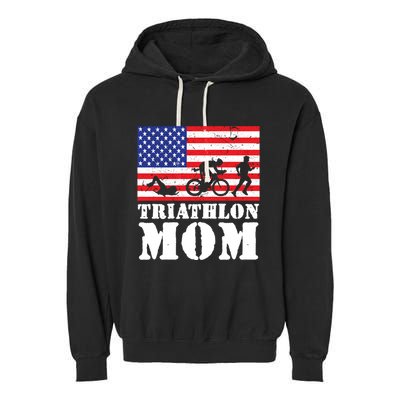 Usa American Distressed Flag Triathlon Mom For Her Gift Garment-Dyed Fleece Hoodie
