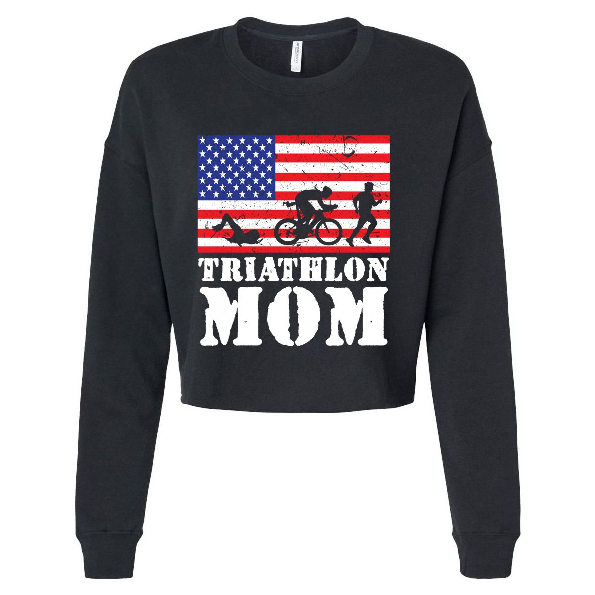 Usa American Distressed Flag Triathlon Mom For Her Gift Cropped Pullover Crew
