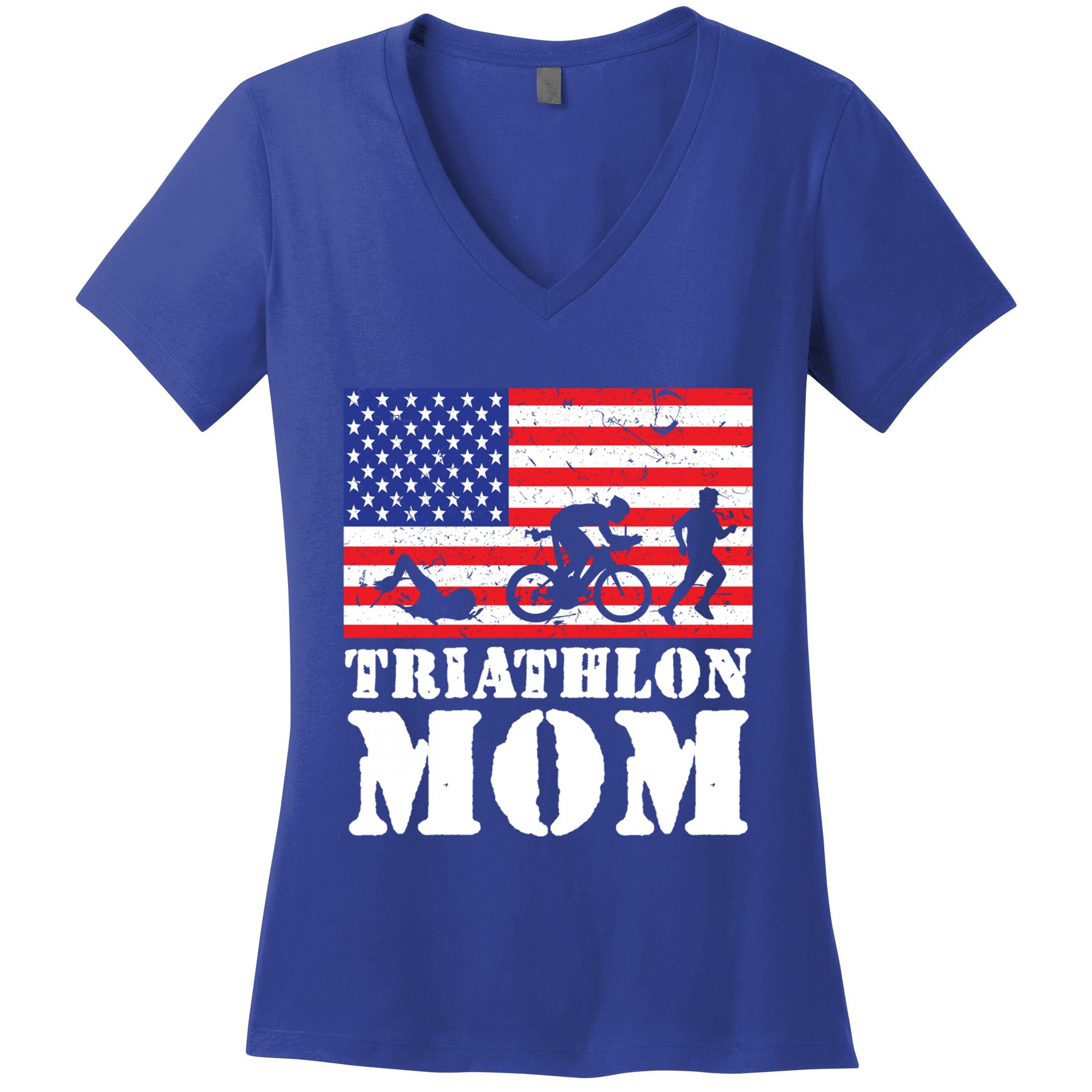 Usa American Distressed Flag Triathlon Mom For Her Gift Women's V-Neck T-Shirt