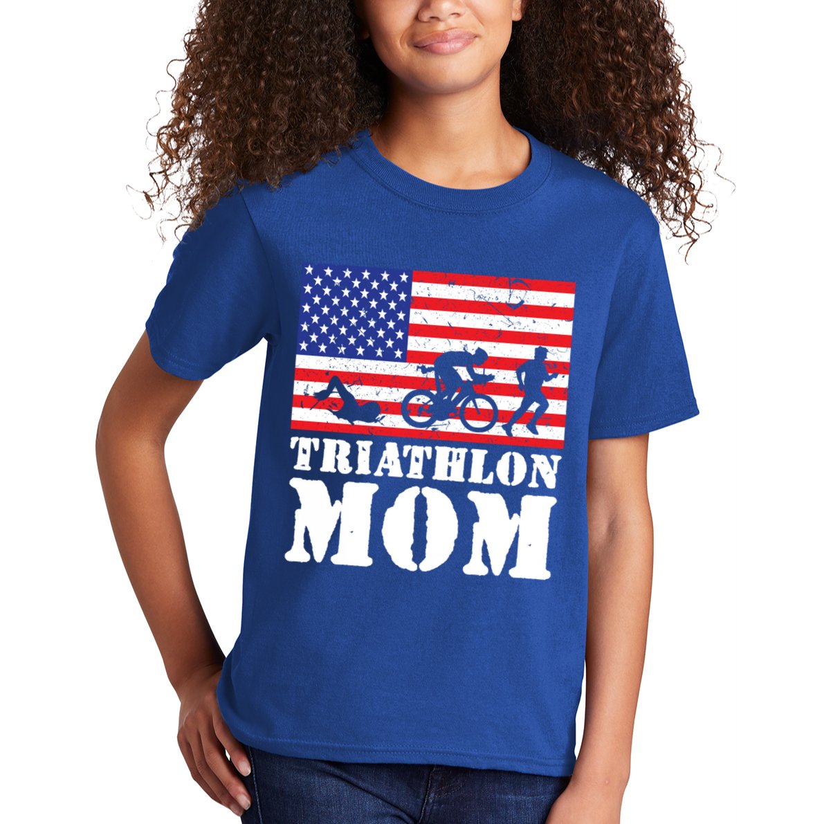 Usa American Distressed Flag Triathlon Mom For Her Gift Kids T-Shirt