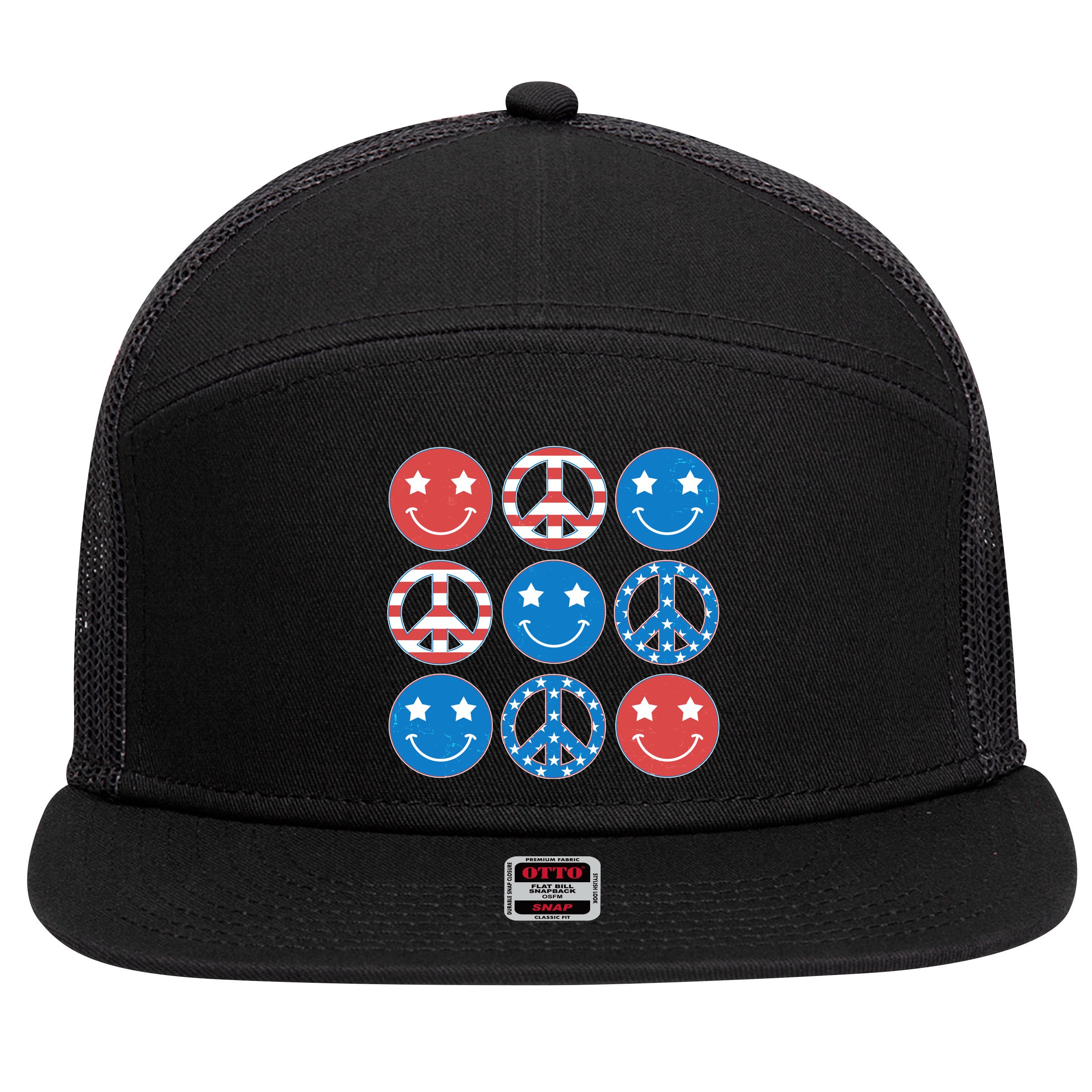 USA American Flag Peace Symbols Smiley Emoji 7 Panel Mesh Trucker Snapback Hat
