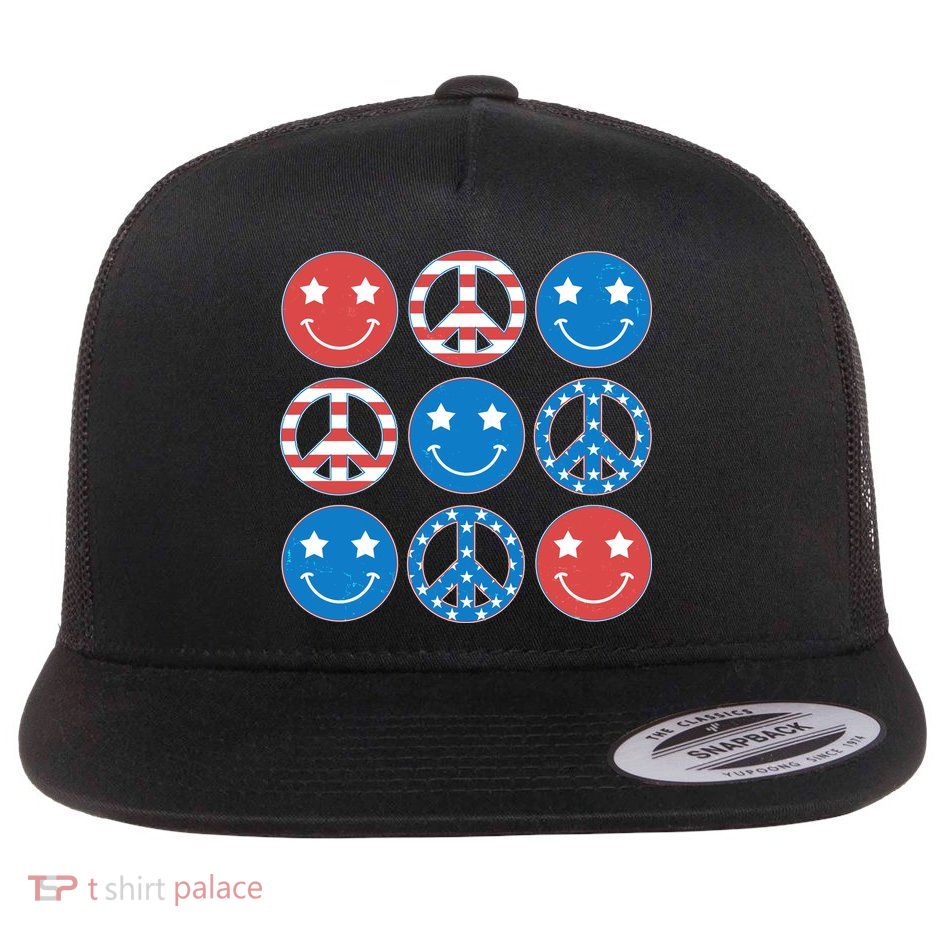 USA American Flag Peace Symbols Smiley Emoji Flat Bill Trucker Hat