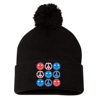 USA American Flag Peace Symbols Smiley Emoji Pom Pom 12in Knit Beanie