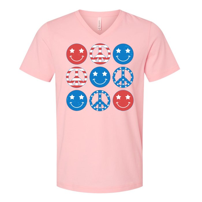 USA American Flag Peace Symbols Smiley Emoji V-Neck T-Shirt