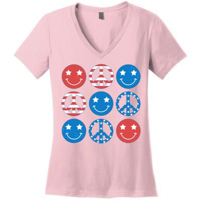 USA American Flag Peace Symbols Smiley Emoji Women's V-Neck T-Shirt