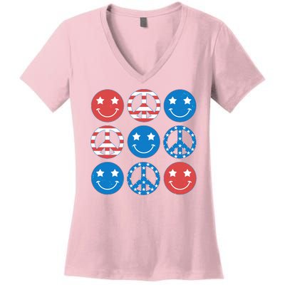 USA American Flag Peace Symbols Smiley Emoji Women's V-Neck T-Shirt