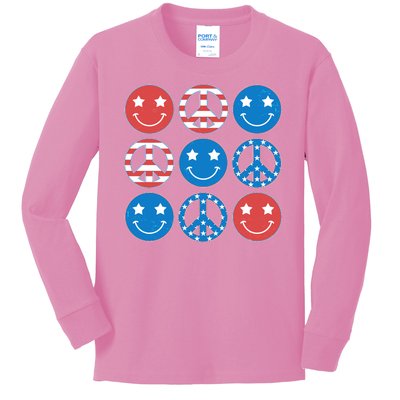 USA American Flag Peace Symbols Smiley Emoji Kids Long Sleeve Shirt