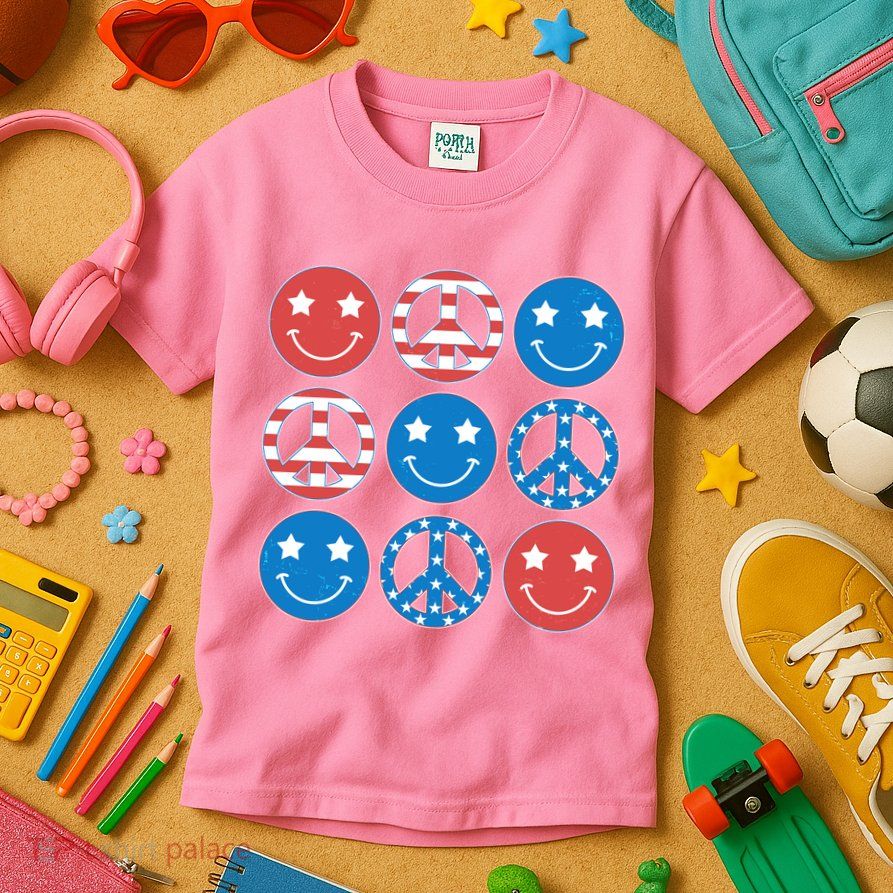 USA American Flag Peace Symbols Smiley Emoji Kids T-Shirt