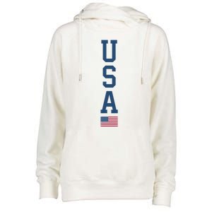 USA American Flag Vertical Text Patriotic 4th Of July Womens Funnel Neck Pullover Hood