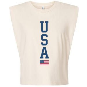 USA American Flag Vertical Text Patriotic 4th Of July Garment-Dyed Women's Muscle Tee