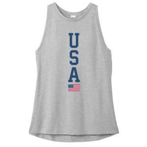 USA American Flag Vertical Text Patriotic 4th Of July Ladies PosiCharge Tri-Blend Wicking Tank